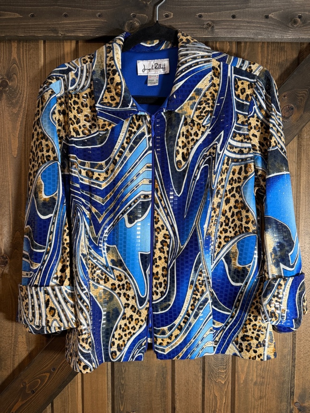 Joseph Ribkoff Blue, Tan & Black Graphic Zip Jacket